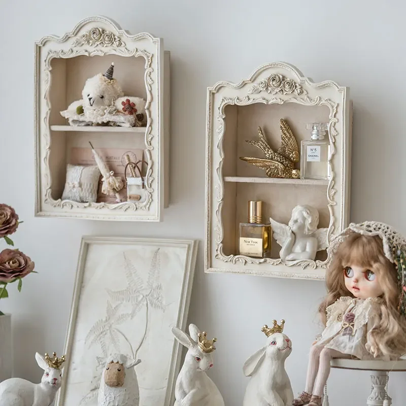 Vintage White Carved Display Rack European Style Wall-Mounted Organizer Multi-Layer Storage Unit for Home Decor Pink