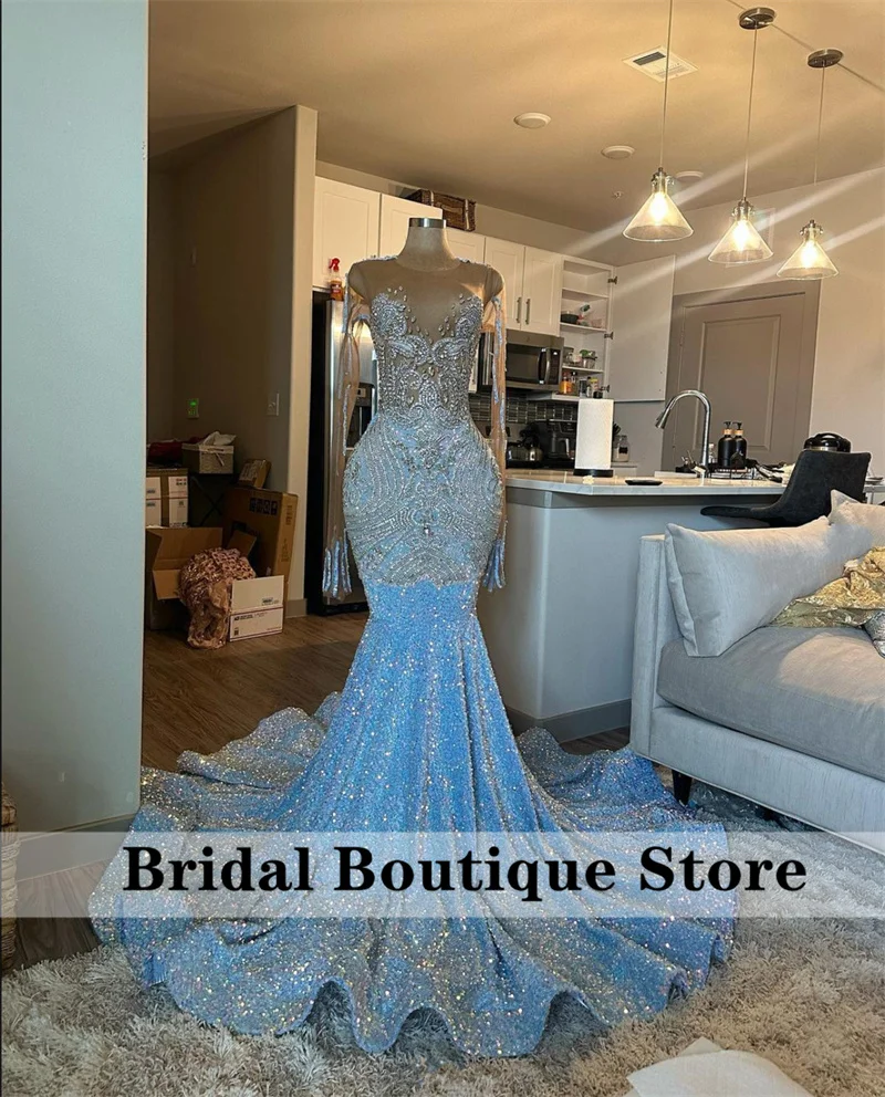 Glitter Blue Straps Sequins Beaded Prom Dress,Long Party Dress Evening Gown cc2782 main image 0