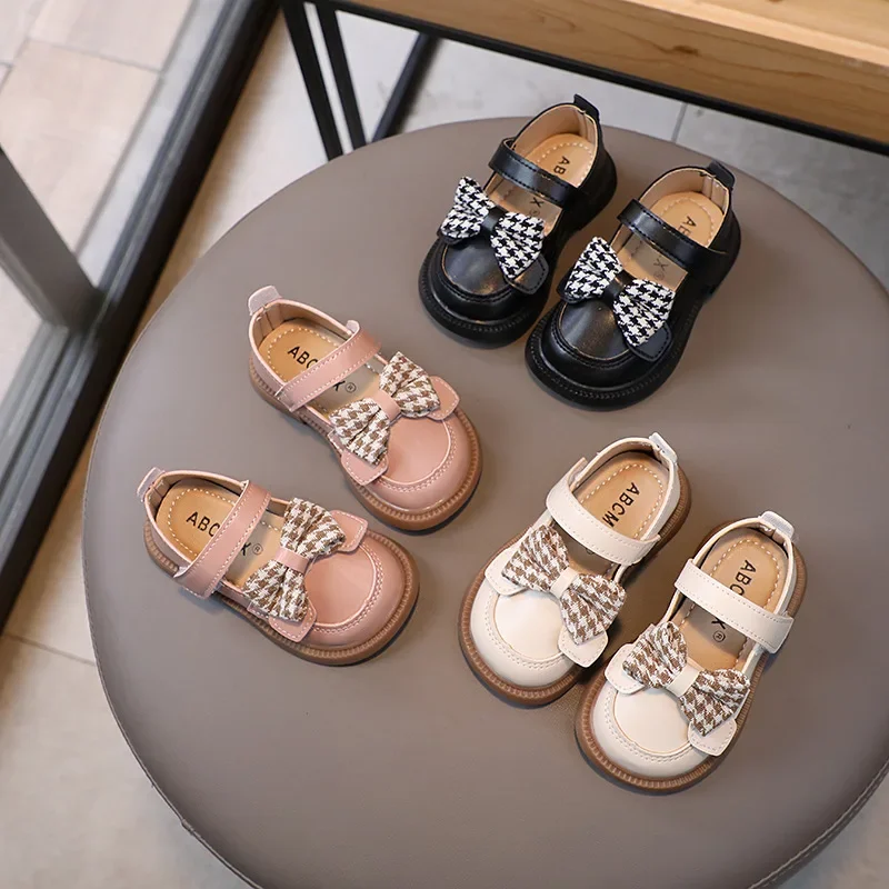 Children Leather Shoes Girl's Cute Houndstooth Bow-tie Shallow Shoes Baby's High-quality Casual Wedding Party Kids G04271