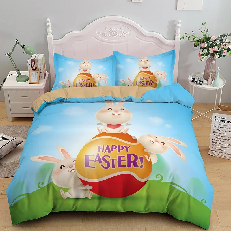 

Happy Easter Egg Rabbit King Queen Duvet Cover Cartoon Lovely Bunny Bedding Set Pet Animal Comforter Cover Polyester Quilt Cover