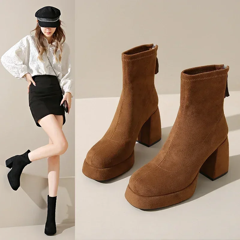 2024 Women's Fashion High-heeled Boots Winter New British Style Soft Sole Anti-slippery Catwalk Versatile Keep Warm Leather Shoe