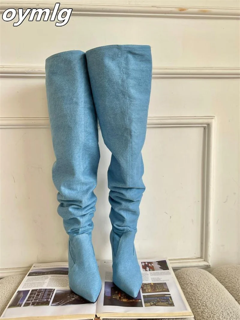 Wide tube large circumference denim pile up boots children's new summer 2023 pointed high heels long boots thin heels high boots