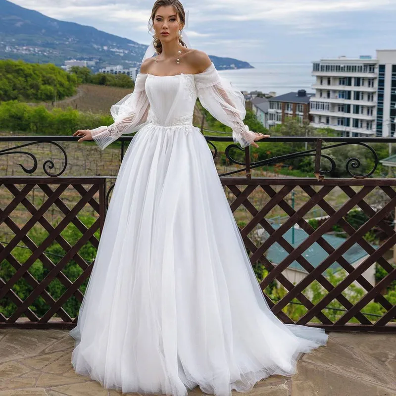 

Женское свадебное платье без бретелек, длинное ТРАПЕЦИЕВИДНОЕ платье из тюля с открытыми плечами, аппликацией и шнуровкой сзади в богемном стиле