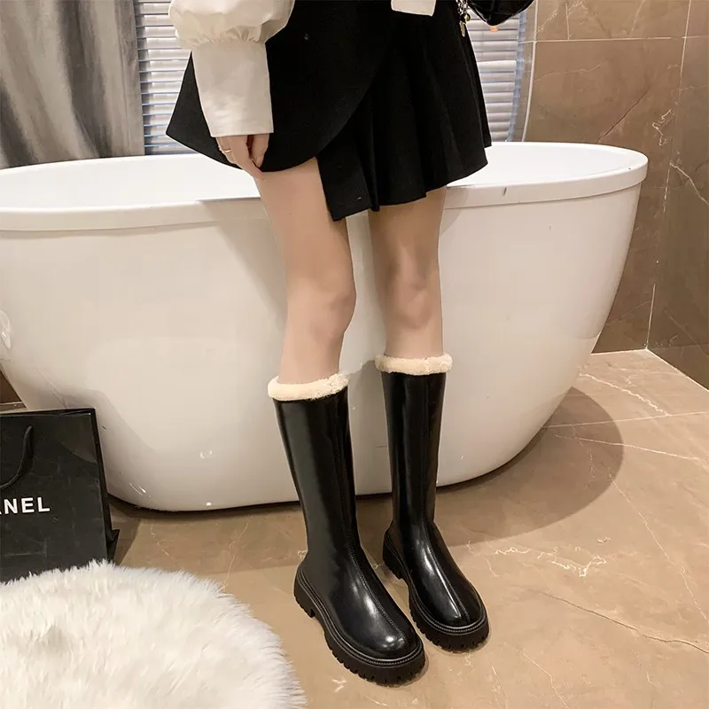 Women's Plush Warm Thigh High Boots 2023 Winter Velvet Round Toe Thick Sole High Snow Boots Knee Length Boots Platform Shoes