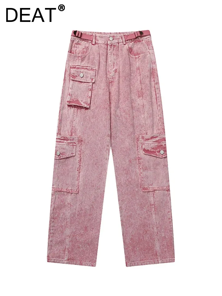 

DEAT Women Jeans High Waist Multiple Pockets Washed Black Pink Adjustable Belt Cargo Denim Pants 2023 Winter New Fashion 29L5505