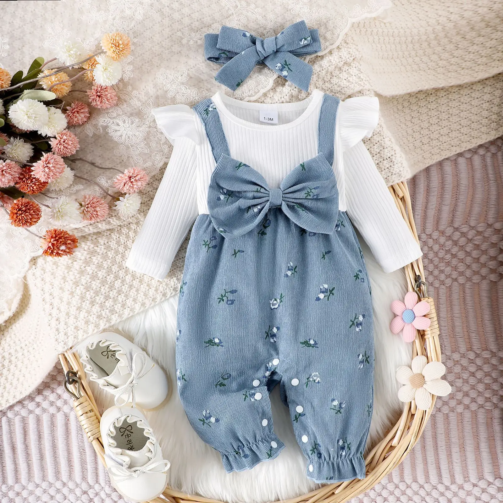 1PCS Autumn Floral Patchwork Romper Set for Infant Girls Long Sleeve Jumpsuit with Bow Headband Cute Baby Outfit Clothing Bundle