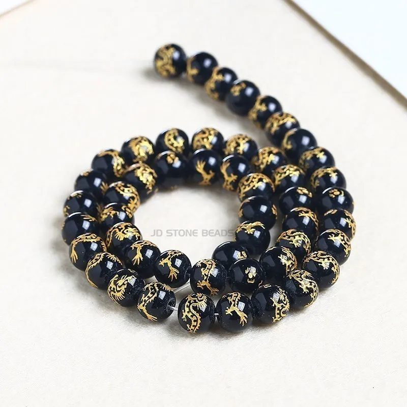 Black Glass Buddha Bead Carved Gold Silver Color Dragon Charm Beads Jewelry Making Diy Bracelets Necklace Accessory