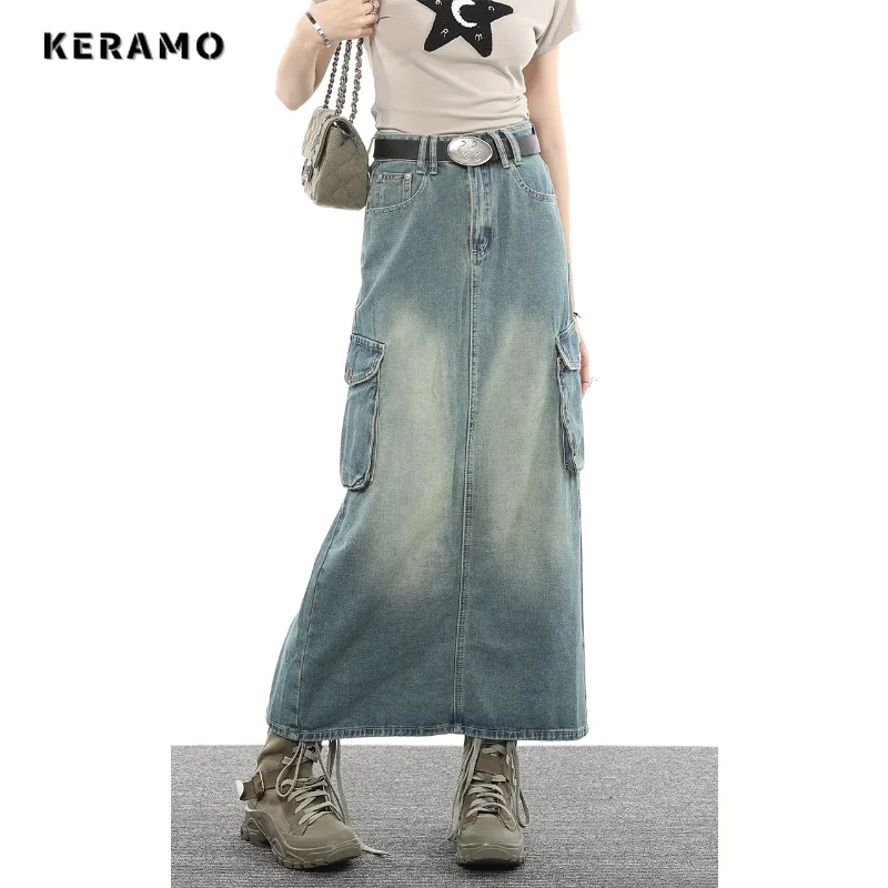 

Women's Vintage Baggy Blue Harajuku Cargo Denim Skirt 2023 Summer High Waist Y2K Street Style Basic Casual A-line Pockets Skirt