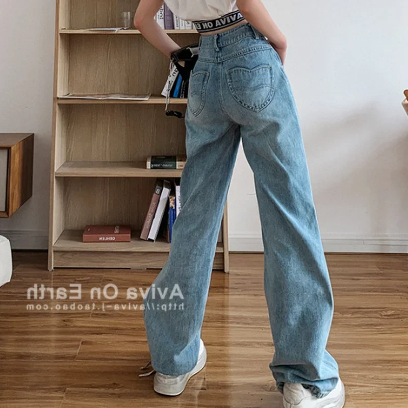 

Female Summer New Y2k Baggy Wide Leg Jeans Fashion Light Blue Love Pocket Loose Casual Straight Light Thin Hole Denim Trousers