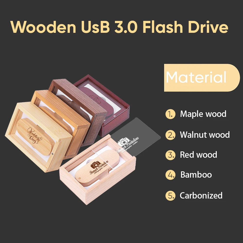 고속 USB 3.0 플래시 드라이브, 투명 커버, 나무 푸시 풀 박스 펜 드라이브, 무료 사용자 정의 로고, USB 스틱, 결혼 선물, 128GB