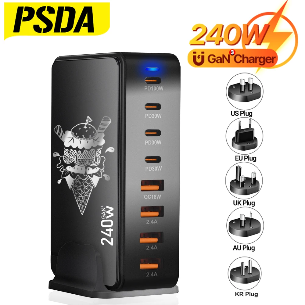 

PSDA 3D 240W USB GaN Charger 8-Port Charging Station for Multiple Devices PD 100w+4 PD 30W USBC Port Compatible with Phone, Pad