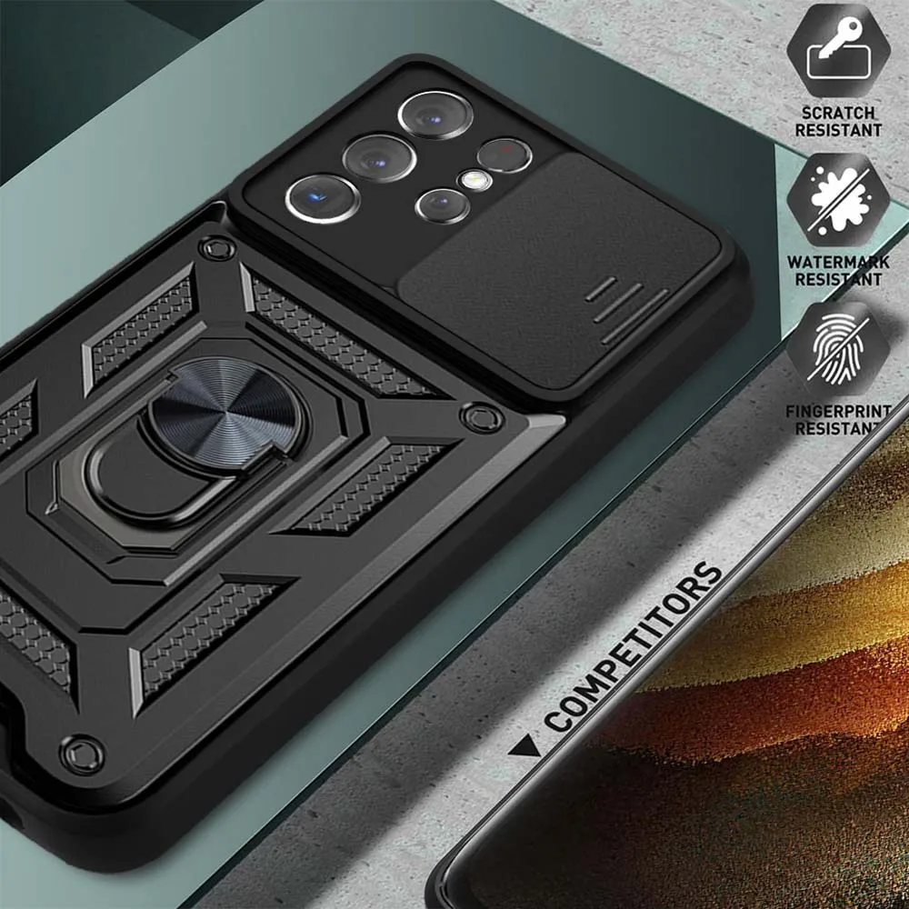 Rugged Slide Camera Lens Protector Armor Case with Military-Grade Bumpers and Ring Cover