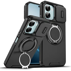 Custodia per telefono in plastica rigida con copertura per obiettivo scorrevole e supporto magnetico.