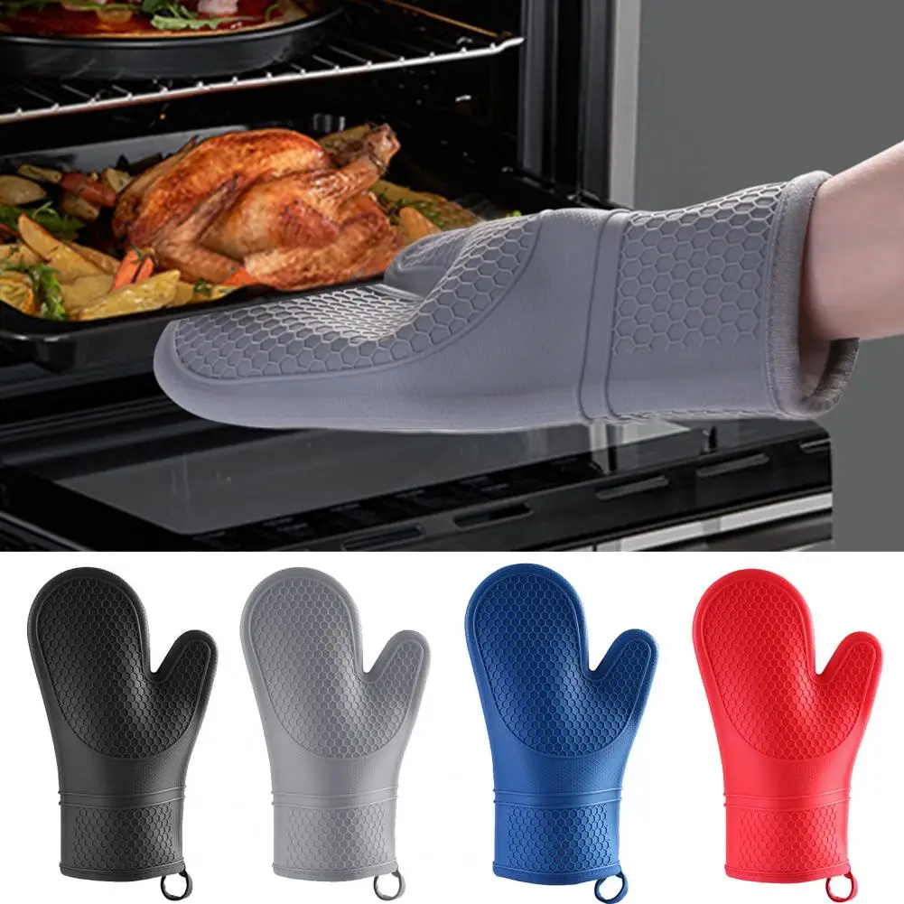 1Pc Premium Kitchen Mittens Reusable Silicone Oven Mitts Heat Insulation Anti-scalding Kitchen Microwave Anti-hot Mittens