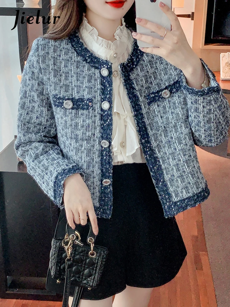 Jielur Autumn New Contrast Color Slim Stripe Women Jackets Sweet Ladies Elegant Jackets Woman Korean Blue Fashion Street Top