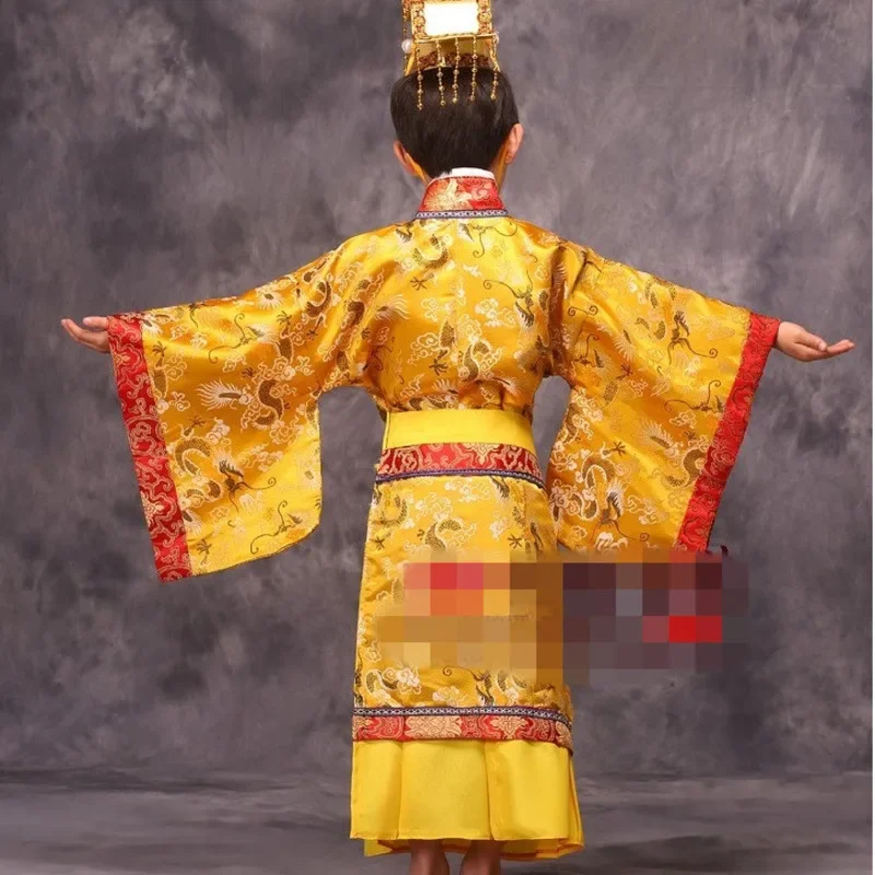 Child Chinese Traditional Hanfu Dress Men Boys Emperor King Stage Red Clothing Children Costumes Tang Suit Kids Robe + hat sets