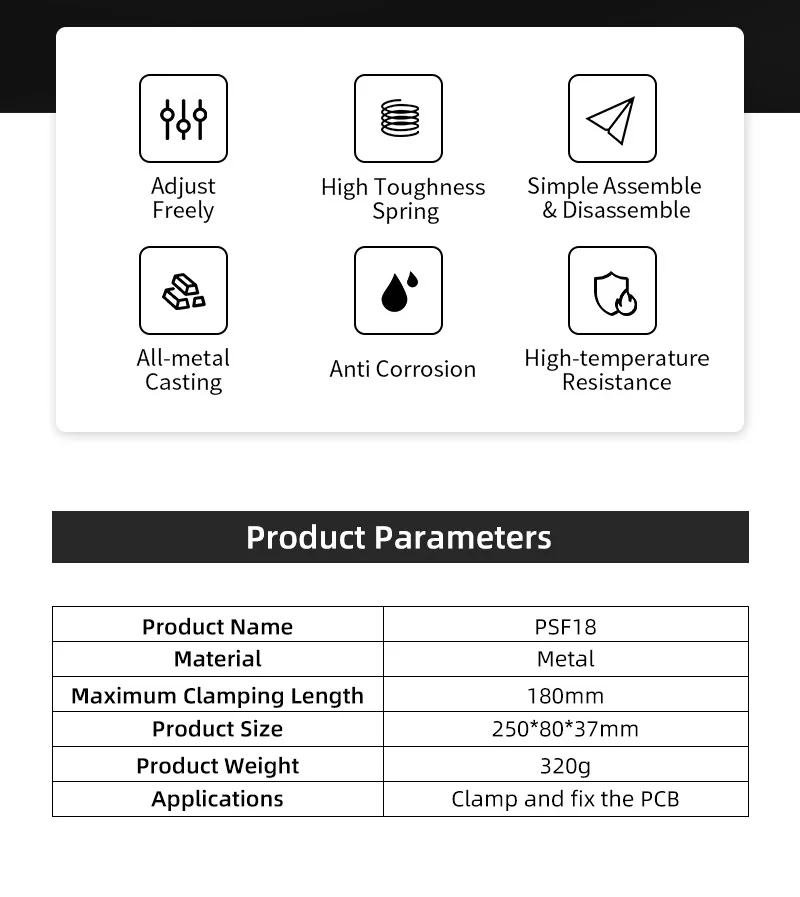 Description Picture 3 of itemSEQURE PSF18 Metal Welding Clamps for Clamping and Fixing PCB Board Welding Auxiliary Tool with Adjustable Clamp Size of 0-180mm