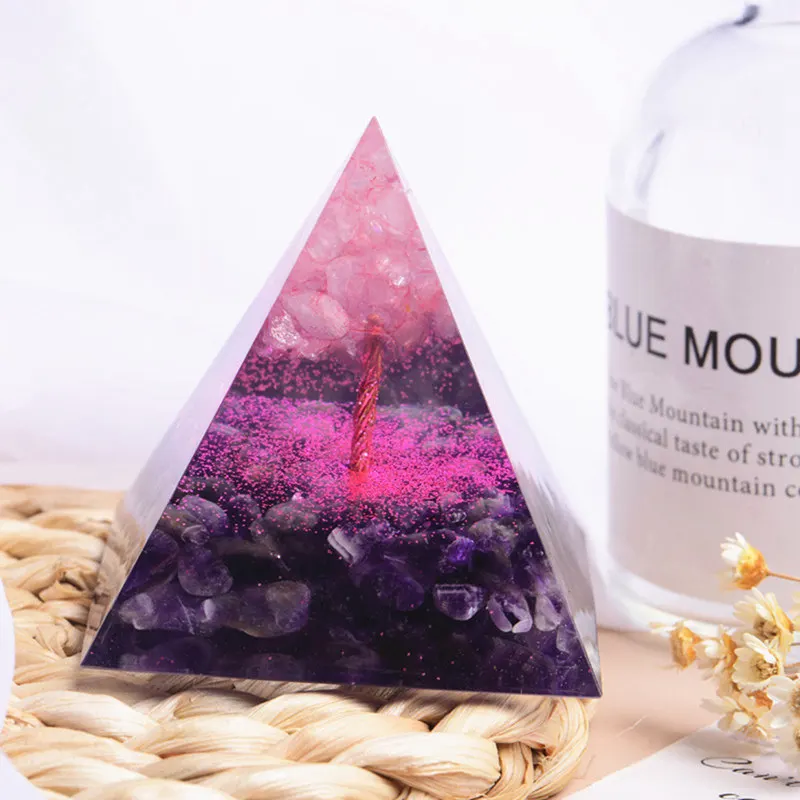 Top Natural Rose Quartz Crystal Tree of Life Orgonite Pyramid Healing Chakra Energy Orgone Tower Amethyst Stone Craft Home Decor 2