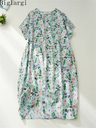 Plus Size Summer New Cotton Linen Vintage Floral Dress Casual Pullover Ladies Womens Print Dresses Woman Loose Midi Dress 5xl