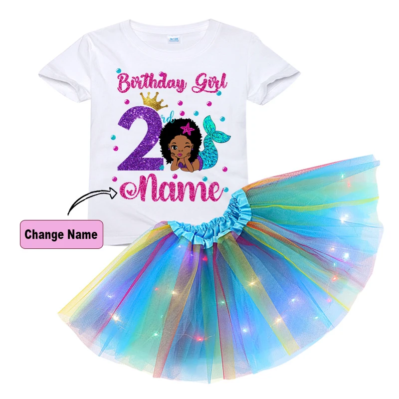 

Mermaid Black Princess Birthday Girl Outfit Set Custom Name Shirt Tutu Dress Kids Party Light Dress Clothes Suit Gift 3 4 5 Year