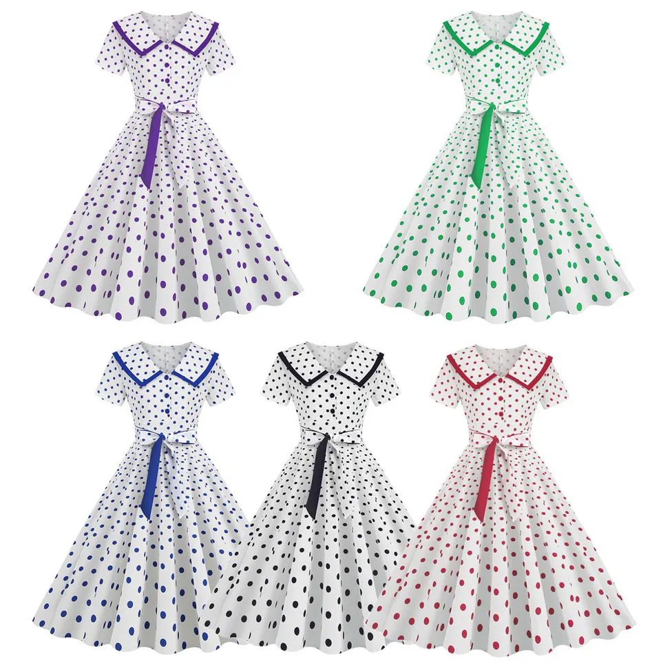 Femme Robe De Soirée Cocktail Vintage Année 1950 40 50 60 70 80 Pin-Up Rockabilly Swing Robe A Pois Robe Au Genou Femme Chic Et Elegante,Blanc,S,S48A