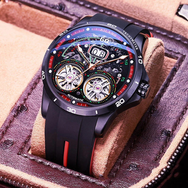 

AILANG New Luxury Double Tourbillon Mechanical Watch for Men Silicone Strap Waterproof Calendar Fashion Steampunk Watches Mens