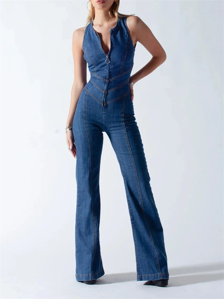 Denim Backless Sleeveless Jumpsuits Female Hollow Out Slim Fashion Heart Cutout Y2k Bodycon Jeans High Street Jumpsuits