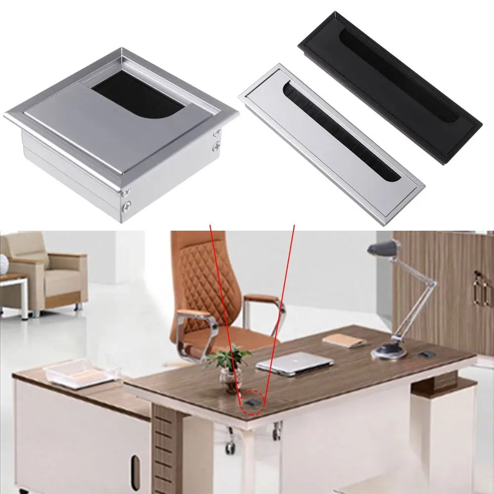 Cable Hole Cover Aluminum Alloy PC Desk Rectangle Wire Cable Grommet Office Table Hole Cover Outlet Port Black Brush