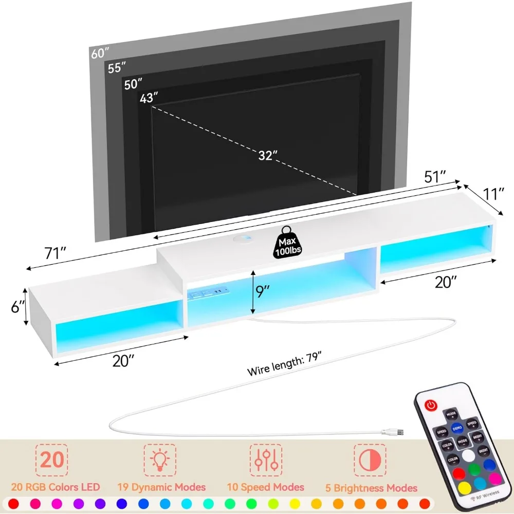 71 Inch Floating TV Stand with LED Light Power Outlet, TV Wall Mount Floating Shelf with Storage Rack, White 6