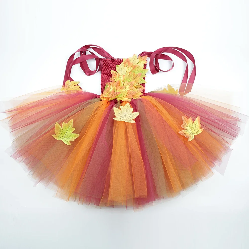 Girls Fairy Costume Forest Woodland Autumn Tutu Dress Up Maple Leaves Kids Halloween Thanksgiving Tulle Princess Dress
