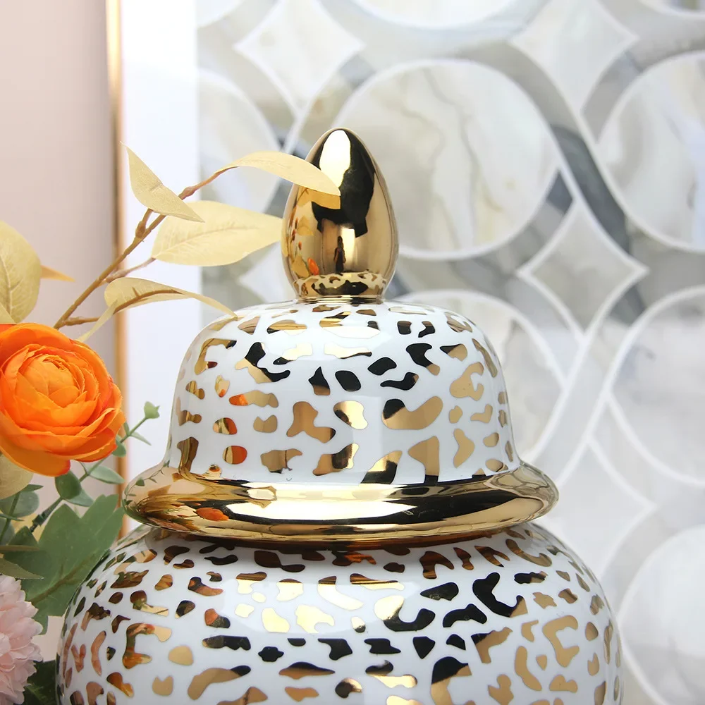 Gold Leopard Print Ceramic Jar General Jars Ginger Storage Porcelain Handicraft Ornaments Home Decoration Vases Pots 3