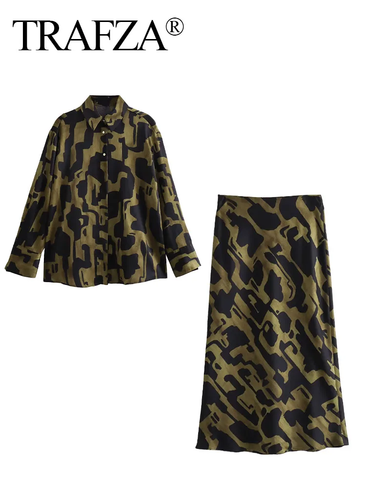 

TRAFZA Woman Print Turn-Down Collar Long Sleeves Single Breasted Casual Shirt+Printing High Long Skirt Female Autumn Suit Trendy
