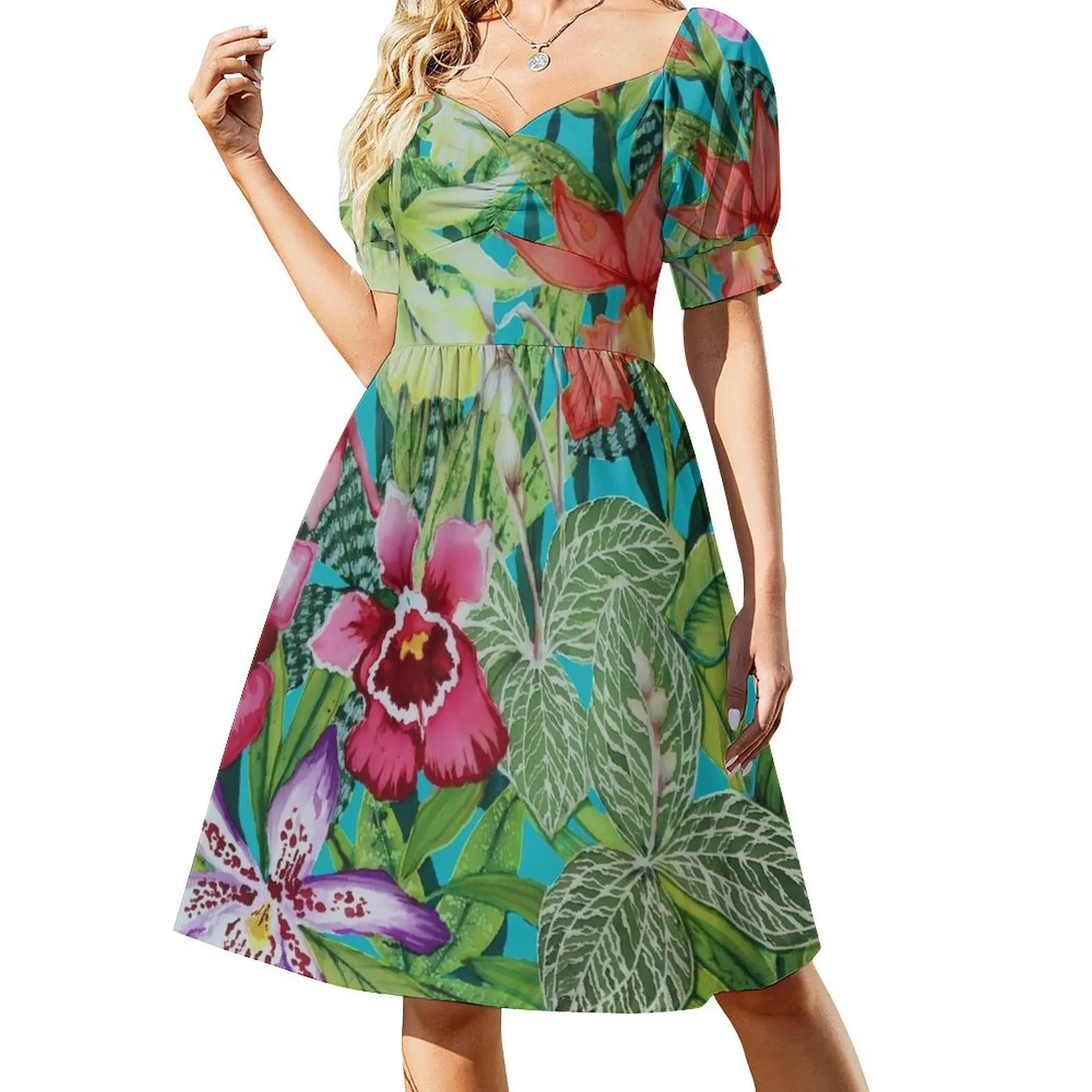 thumbnail image 1 of Vestido de manga corta de orquídeas pintadas en seda vestidos verano mujer Vestidos Vestido, 1 of 7