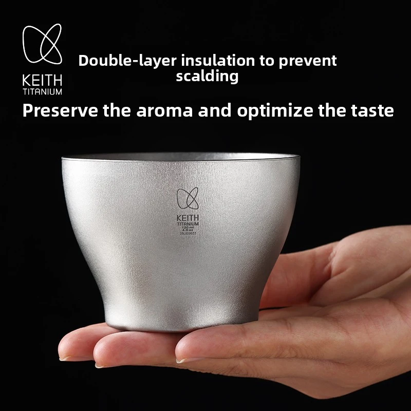 KEITH 120ml 이중벽 순수 티타늄 와인 컵 경량 화상 방지 다기능 차 커피 머그잔 홈 야외 음료 용기