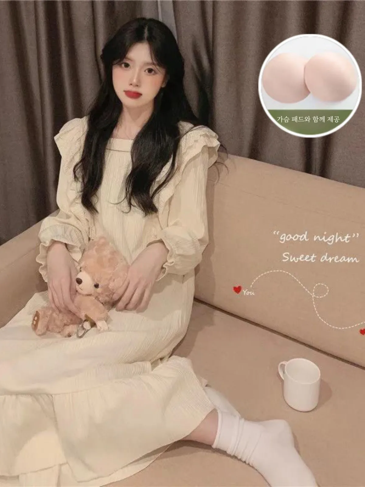 여성용 긴 소매 잠옷 가슴 패드 포함 루즈한 달콤한 공주 스타일 드레스 봄 가을 신상품 편안한 홈웨어