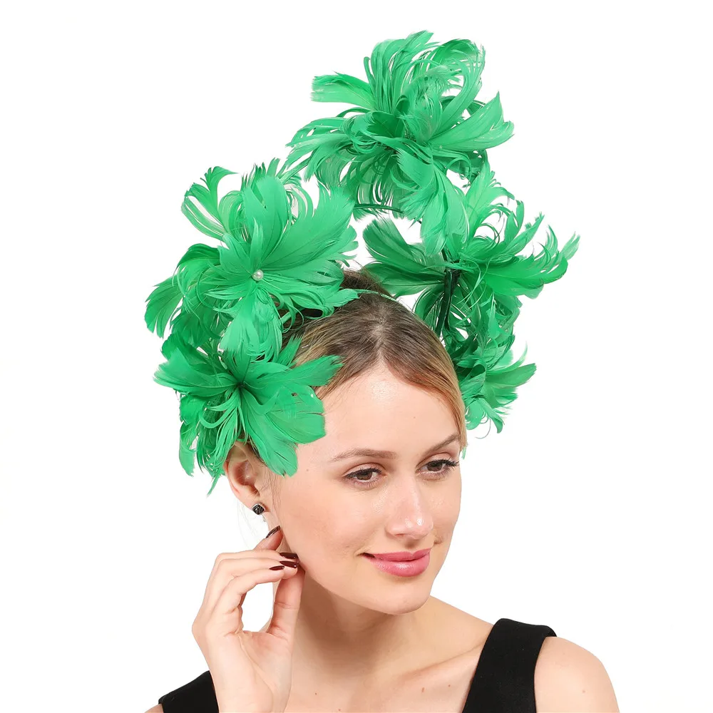 Feather Flower Headdress Vintage Horse Will Exaggerate Small Top Hat Green Hair Hoop Imitation Pearl Hair Headpieces Millinery