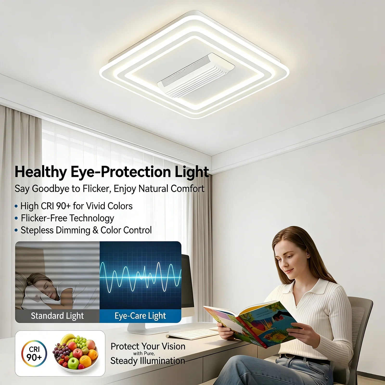 IRALAN Bladeless Ceiling Fan with Light 6-Speed DC Motor with Remote for Bedroom Living Room Dimmable LED Bladeless Fan Lamp