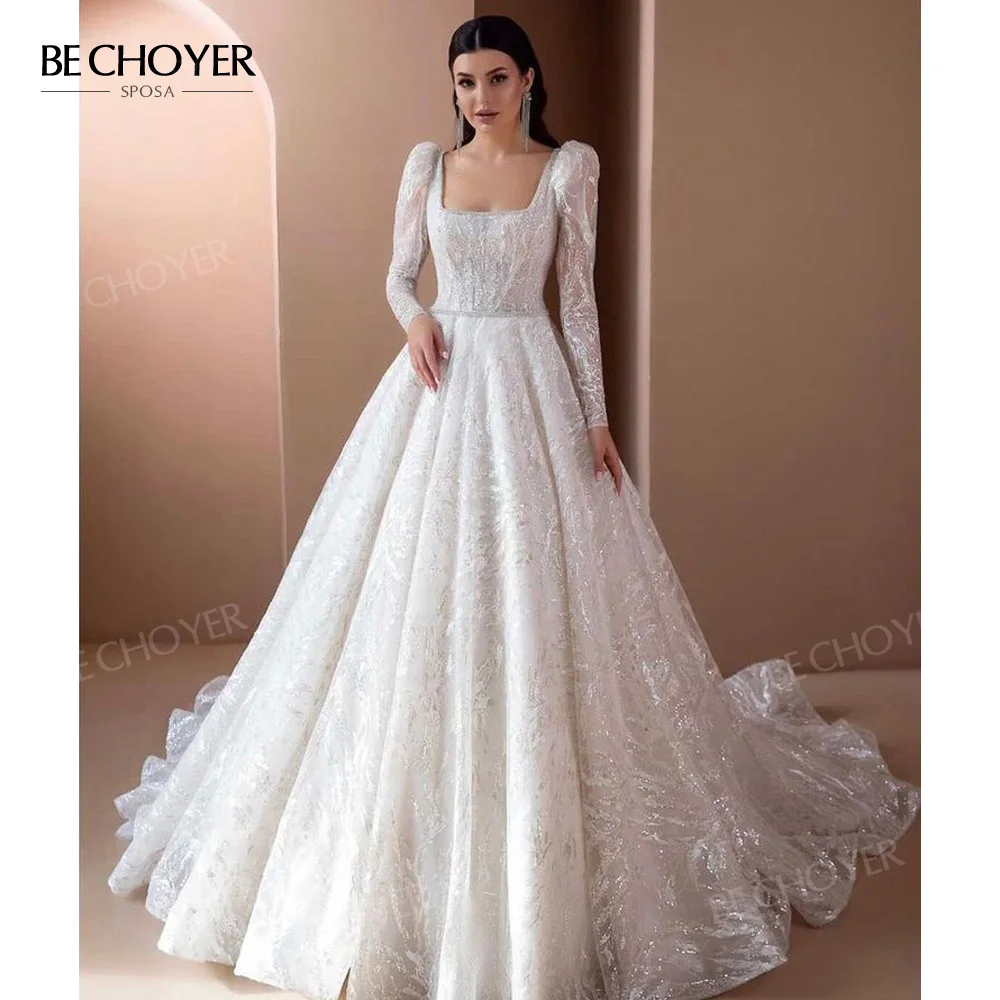 BECHOYER Long Sleeve Wedding Dress 2025 Beaded Square Collar A-Line  customized Princess Bride Gowns HB11 Vestido de Noiva - AliExpress, image size:1000x1000