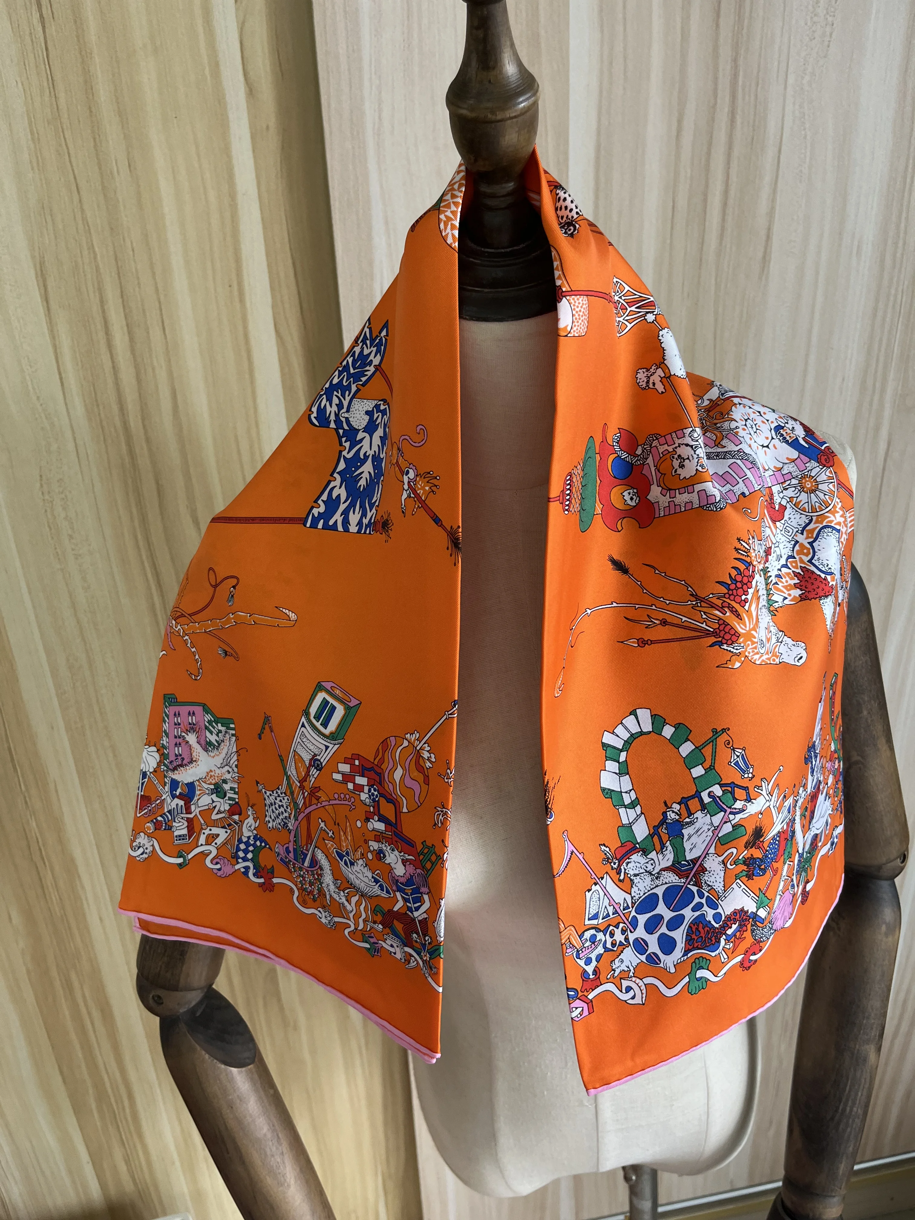 

2023 new arrival fashion elegant orange 16MM 100% silk scarf 90*90 cm square shawl twill wrap for women lady girl gift