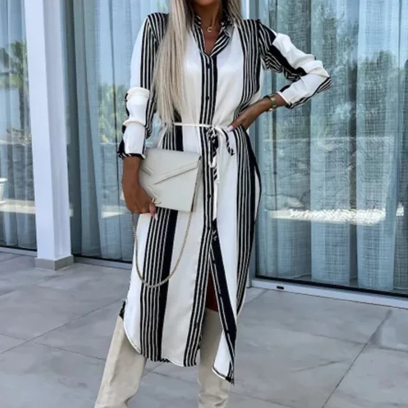 

Fashion Single Breasted Split Women's Dresses New Long Sleeved Turn-down Collar Shirt Dress Casual Stripe Lace Up Commuter Dress