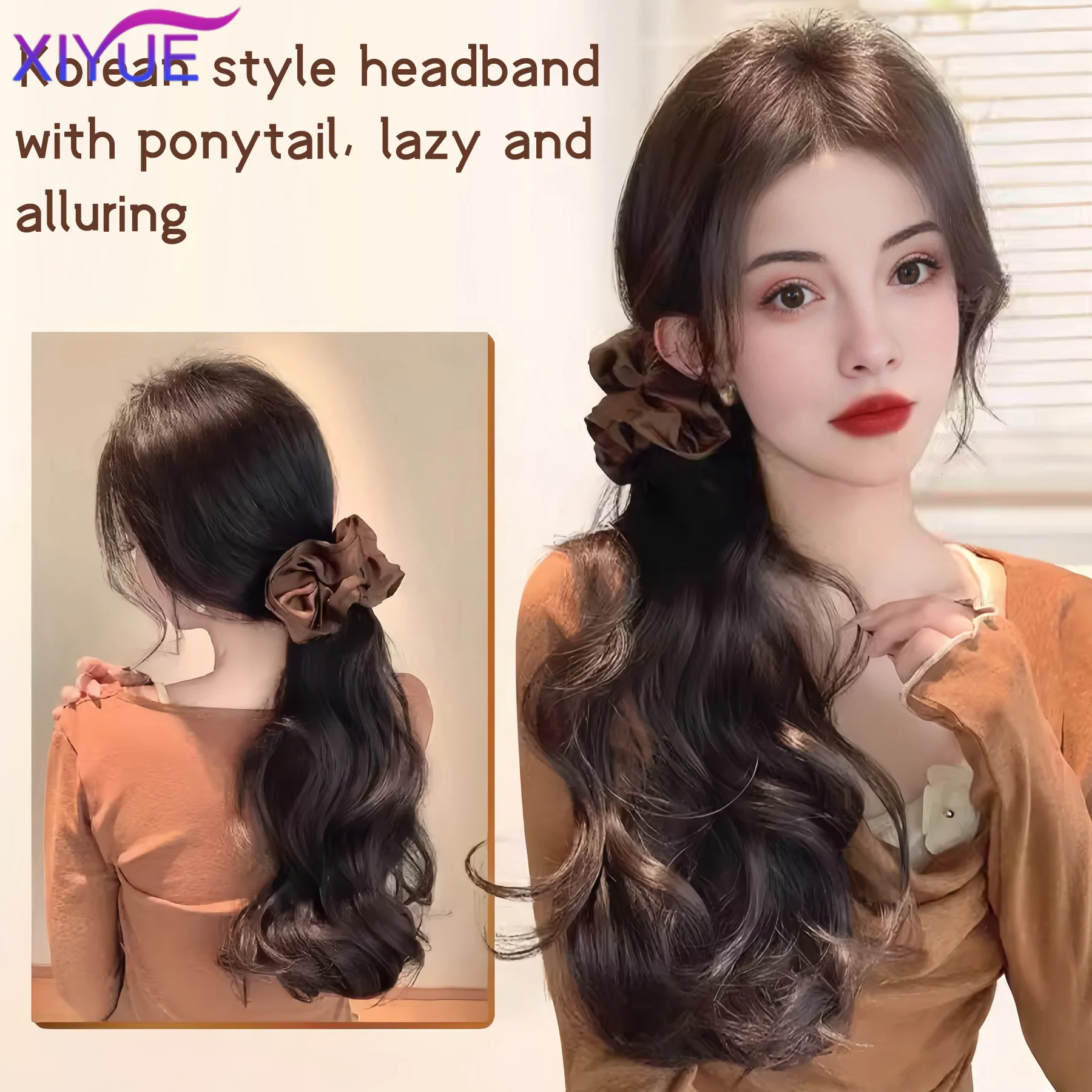 BROWN Hair Ring Claw Clip Synthetic Autumn And Winter Temperament Korean Style Layered Curly Ponytail Low Tie Natural Ponytail