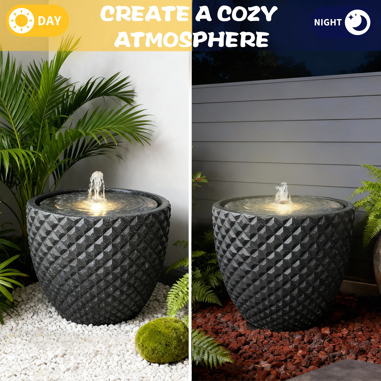 13 Inch High Solar Water Fountain Outdoor Freestanding Fountain Round Stone with LED Lights and Pump for Garden Patio Deck Porch