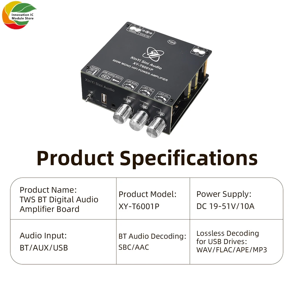 DC19-51V XY-T6001P 모노 600W BT 앰프 보드 모듈 고음 및 저음 TWS 트루 무선 페어링 박스 TPA3255 칩 앱 지원