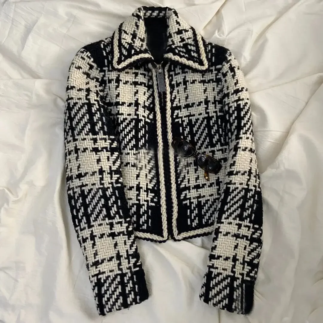 

Lksk Autumn Polo Neck Waist Zipper Women's Fashion Black and White Plaid Woven Tweed Long Sleeve Top Coat