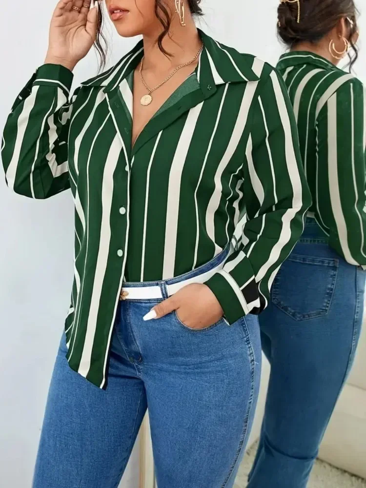 Plus Size Women Shirt 2025 New Women’s Striped Printed Temperament Commuter Shirt Slim Women’s Shirt Long Sleeve Streetwear Tops Best Sellers In Plus Sized Clothing