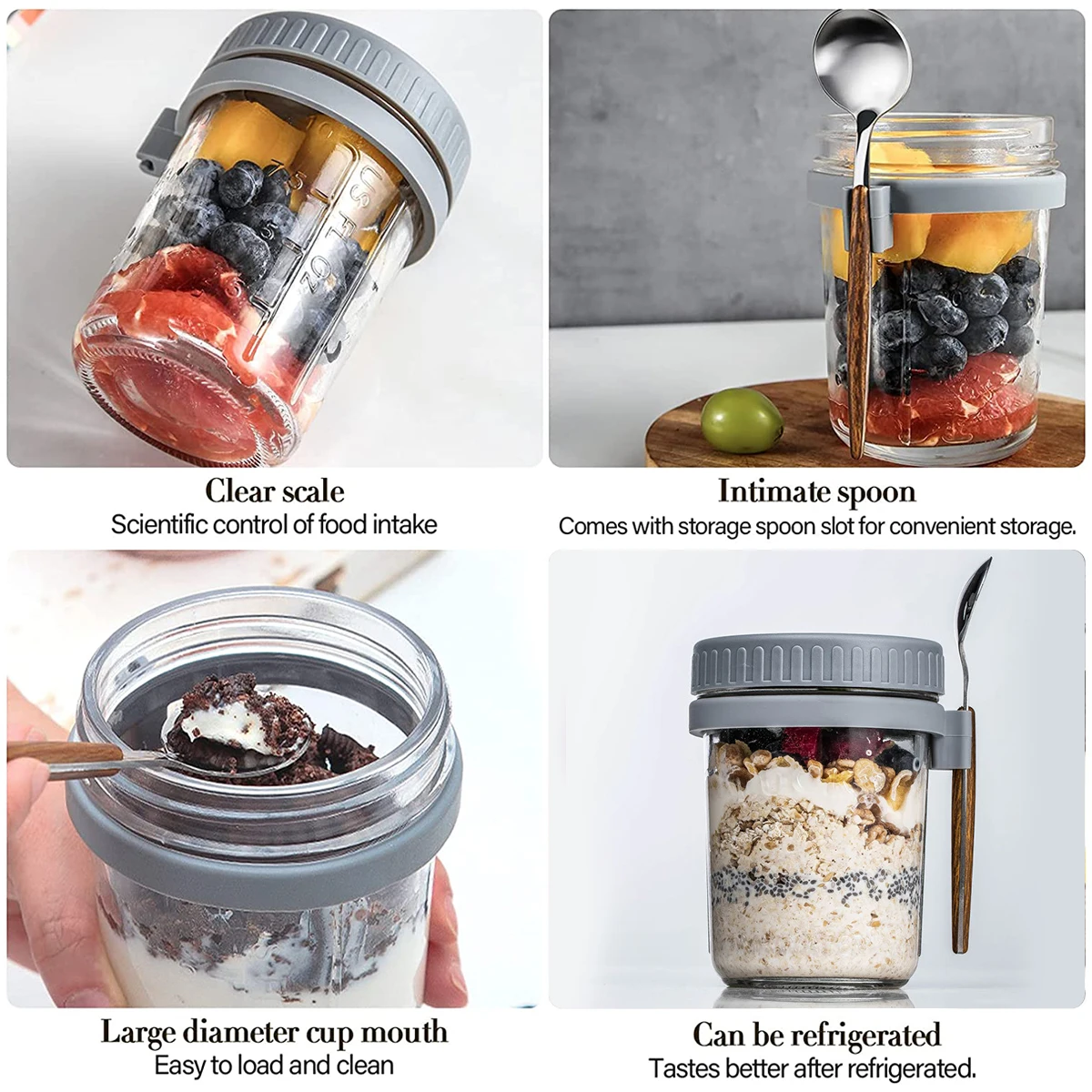 1/2Pcs Breakfast Cup Container 10oz Airtight Oatmeal Jar with Cover and Spoon Portable for Salads Cereal airtight oatmeal jar