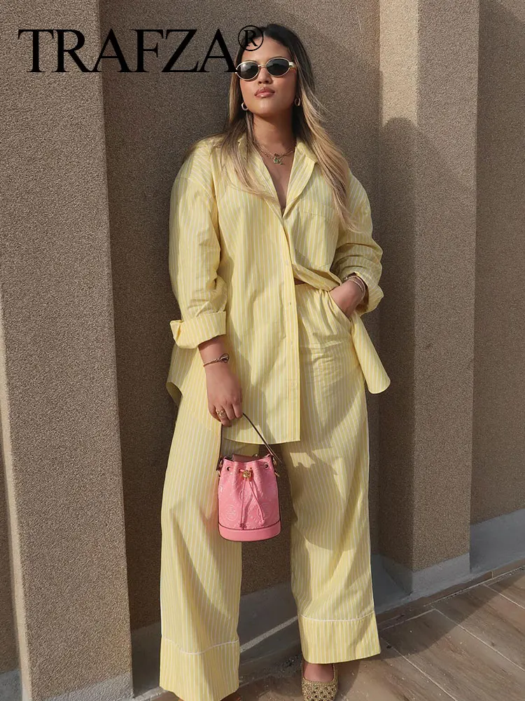 HH Women Yellow Striped Blouse Pant Sets Casual Button Long Sleeve Shirt Loose Drawstring Straight Trousers Streetwear Suit