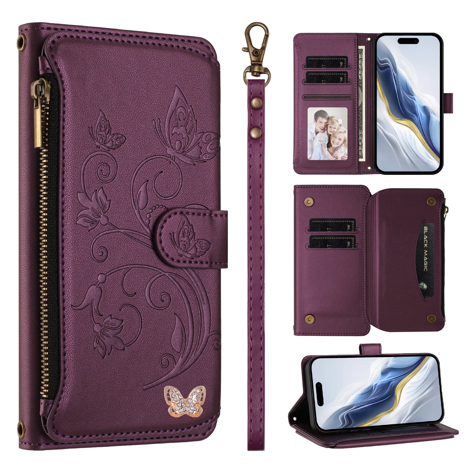 Wrist Zipper Wallet Case with Wireless Charging Leather Flip Cover and 5 Card Slots