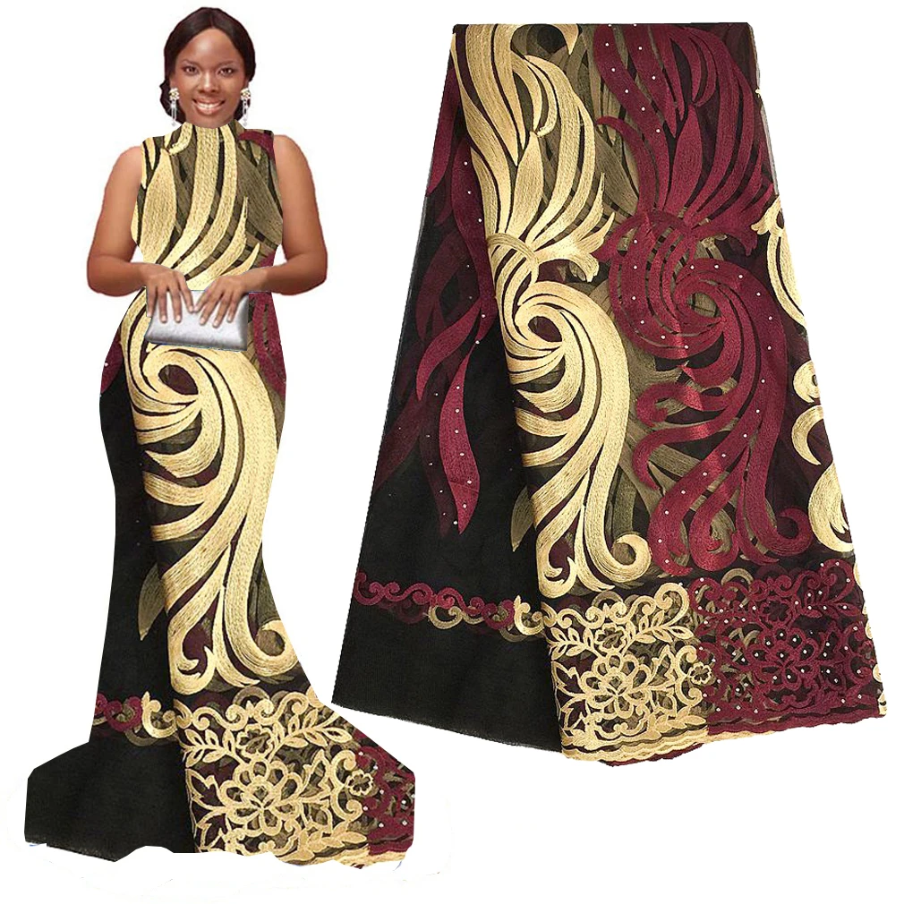 African Lace Fabric 5 Yards Burgundy Tulle Cord Nigerian Lace Fabrics