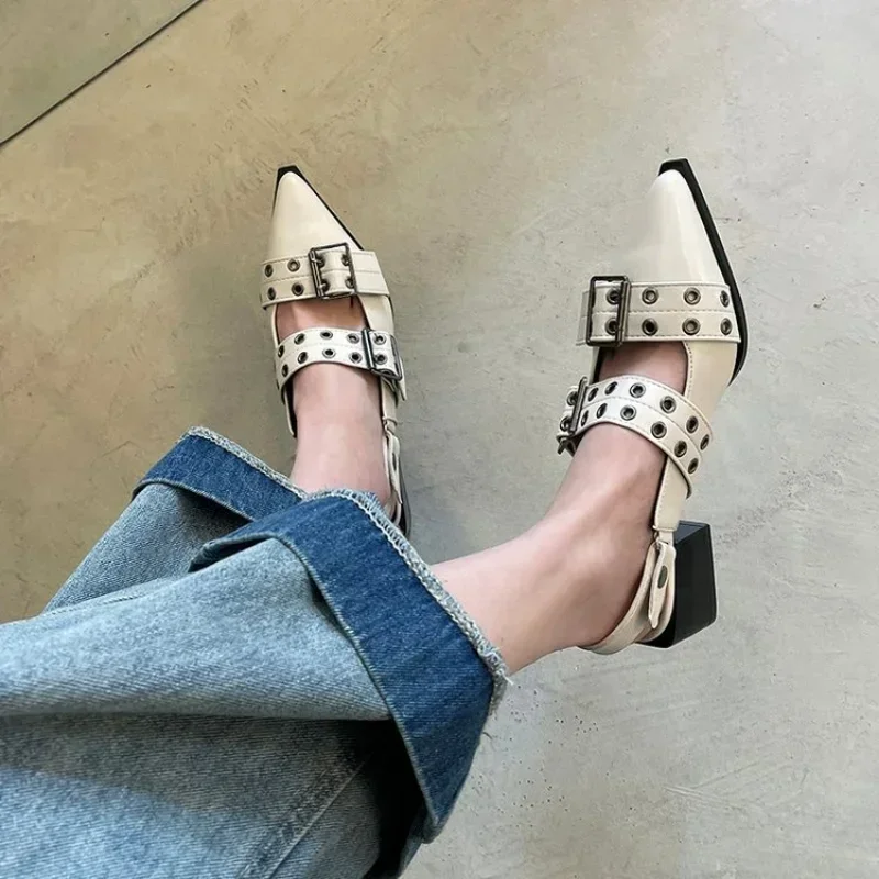 Slingback Shoes Gothic Chunky Heels Women's Pumps Rivet Street Style Medium Heel Punk Vintage Casual Sandals Spring Summer